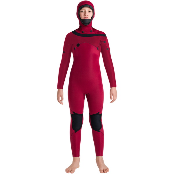 2026 C-Skins Junior Nuwave Session 5/4mm Hooded Wetsuit CSE54JH - Meteor / Forest Green / Red